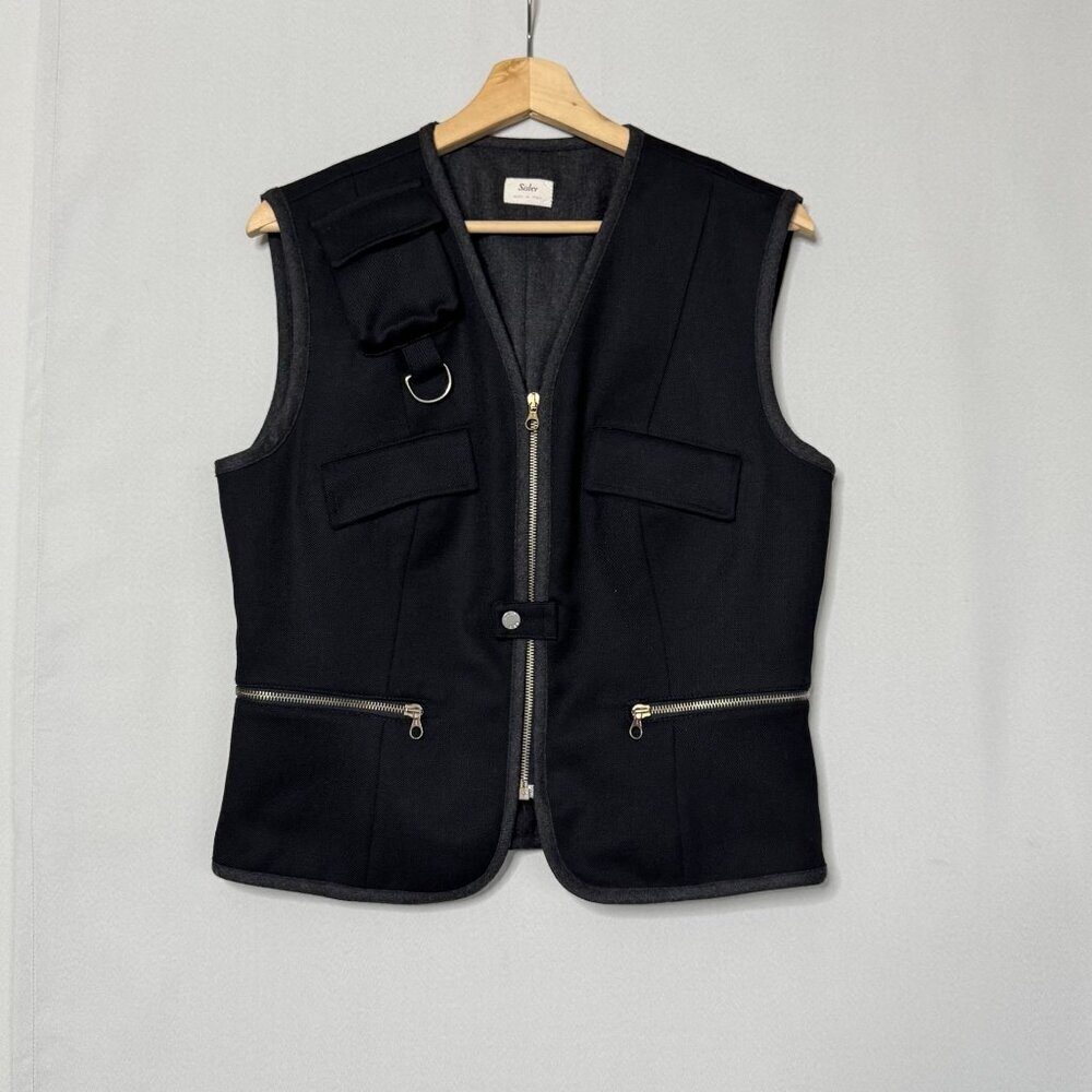90s‎ Vintage Sisley Made in Italy Black 100% Wool Zip Up Utility Vest Medium
